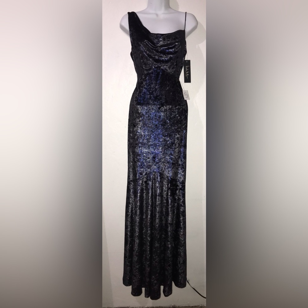 NWT Nicole Miller (Size 4)Metallic Asymmetric Cowl Neck Maxi Mermaid Dress, Blue